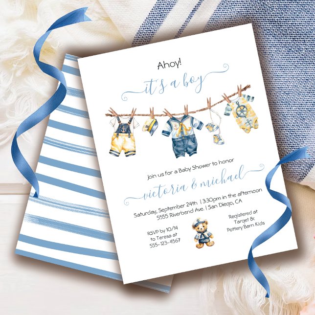 Invitation Sailor Nautical Ahoy Boy Baby shower Clothesline (Créateur téléchargé)