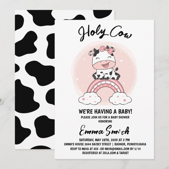 Invitation Saint Baby shower de la fille de vache (Devant / Derrière)