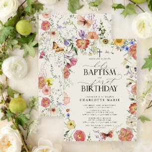Invitation Saint Baptême & 1er Anniversaire Floral Girl