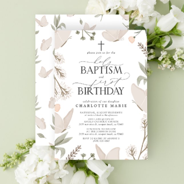 Invitation Saint Baptême & 1er Anniversaire Papillons Floral (1st Birthday Invitation)