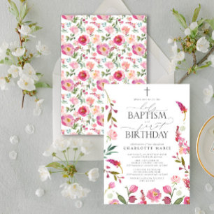 Invitation Saint Baptême & 1er Anniversaire Rose Floral Aquar