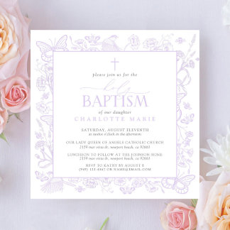 Invitation Saint Baptême Lilac Lavender Papillons floraux