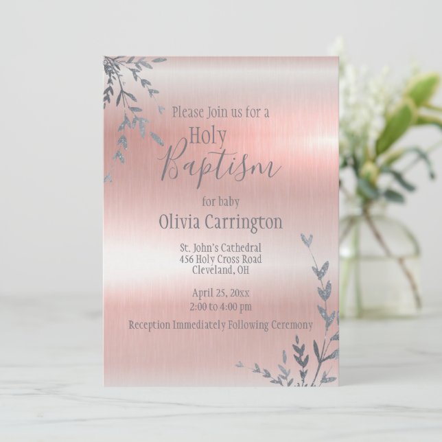 Invitation Saint Baptême rose métallisé Christening (Debout devant)