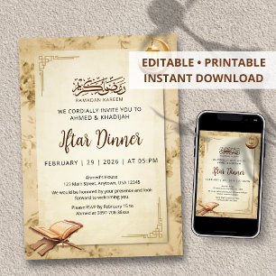Invitation Saint Coran et croissant de lune Dîner Iftar Ramad