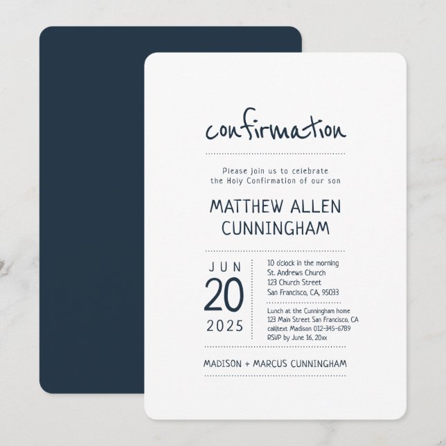 Invitation Saint garçon de confirmation | Moderne + Simple (Devant / Derrière)