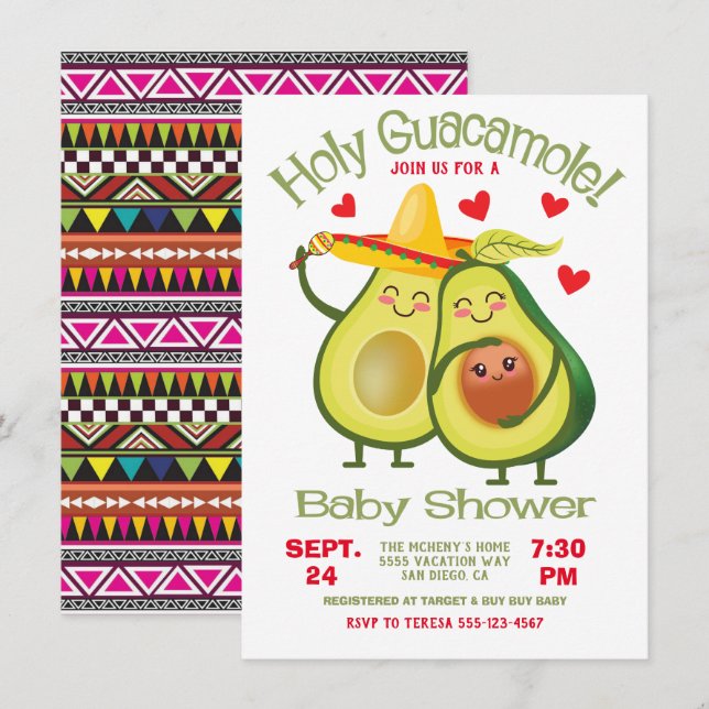 Invitation Saint Guacamole Avocado Baby shower Fiesta (Devant / Derrière)