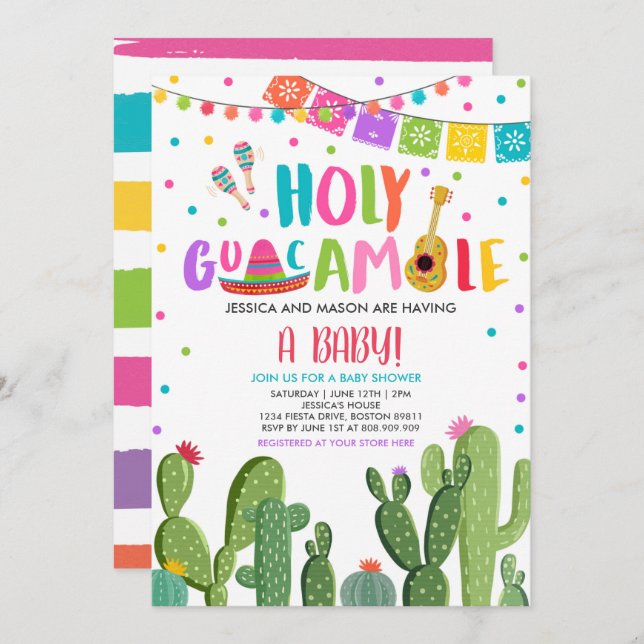Invitation Saint Guacamole Fiesta Baby shower Cactus (Devant / Derrière)
