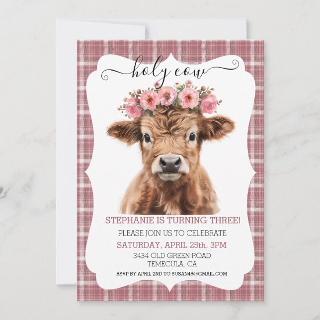 Invitation Saint-Highland Vache Anniversaire rose (Devant)