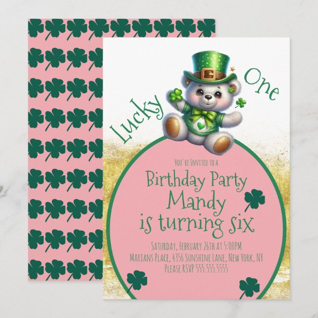 Invitation Saint Patrick’s Day Bear Girl Anniversaire Lucky O (Devant / Derrière)