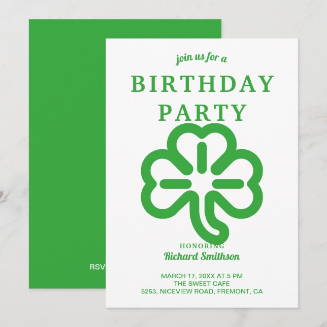 Invitation Saint Patrick's Day Green Clover fête d'anniversai (Devant / Derrière)