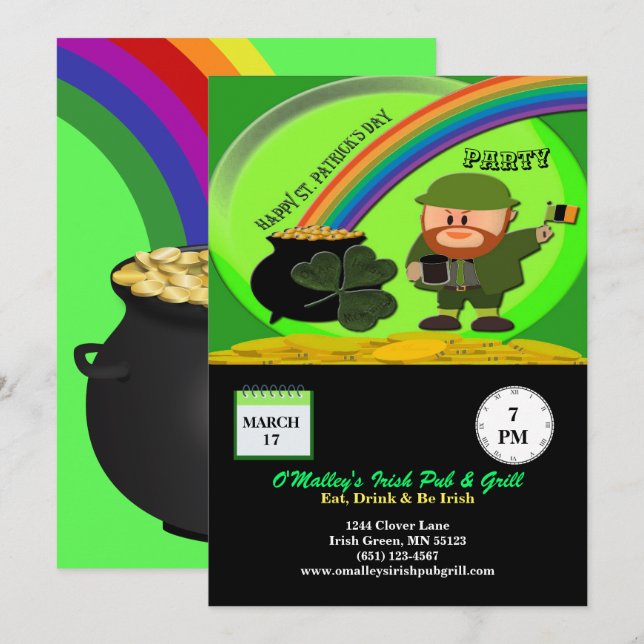 Invitation Saint Patrick's Day Leprechaun, Pot d'or, Shamrock (Devant / Derrière)