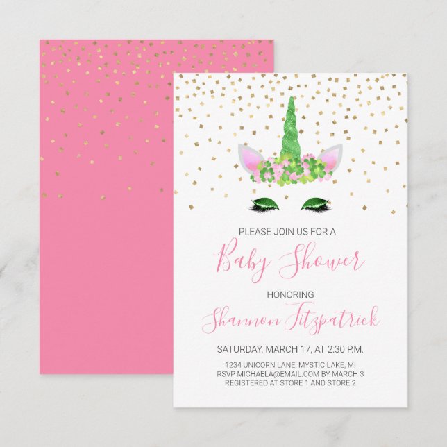 Invitation Saint Patrick's Day Unicorn Girl's Pink Baby showe (Devant / Derrière)