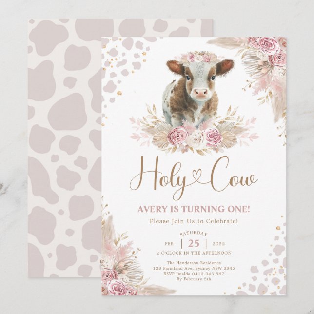 Invitation Saint Vache Boho rose Pampas Vache Bébé Fille Anni (Devant / Derrière)