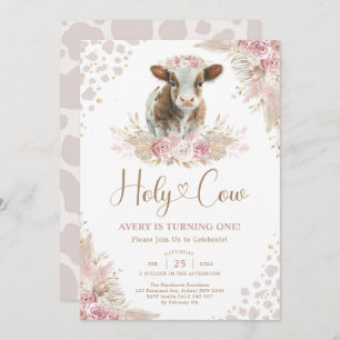 Invitation Saint Vache Boho rose Pampas Vache Bébé Fille Anni