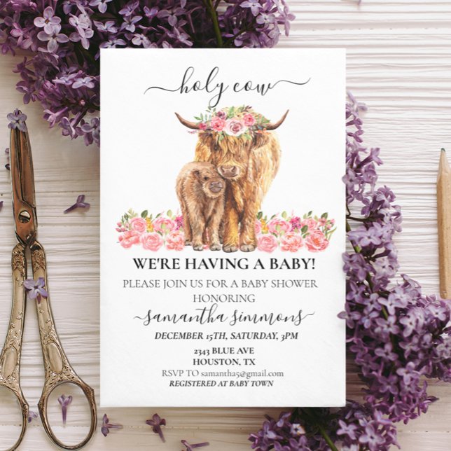 Invitation Saint-Vache Highland Calf Baby shower Rose Bleu (Créateur téléchargé)