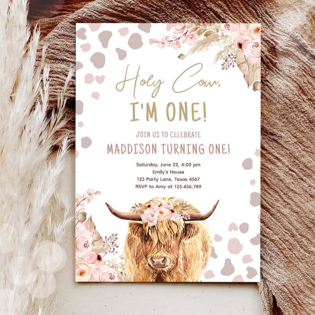 Invitation Saint Vache Highland Pampas Boho 1er Anniversaire (Créateur téléchargé)