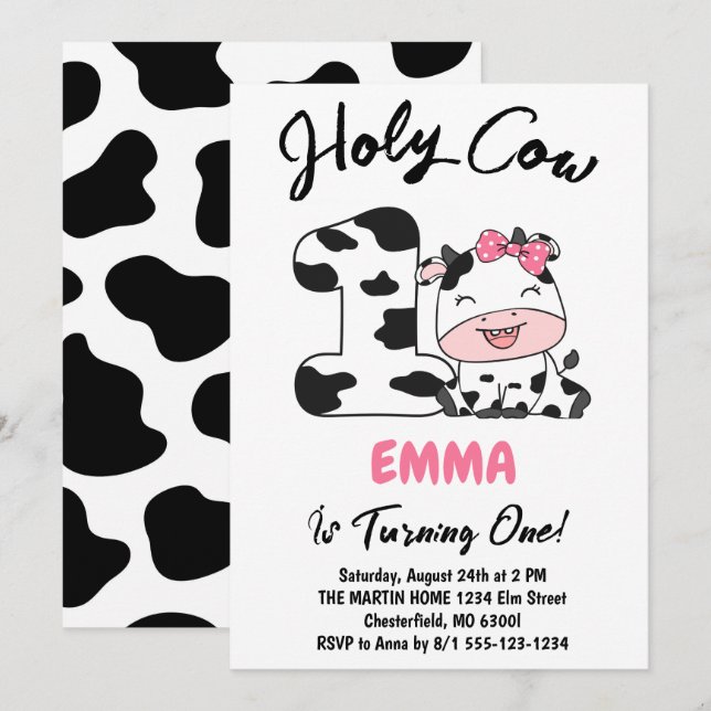 Invitation Saint Vache Je suis une fille 1er fête d'anniversa (Devant / Derrière)
