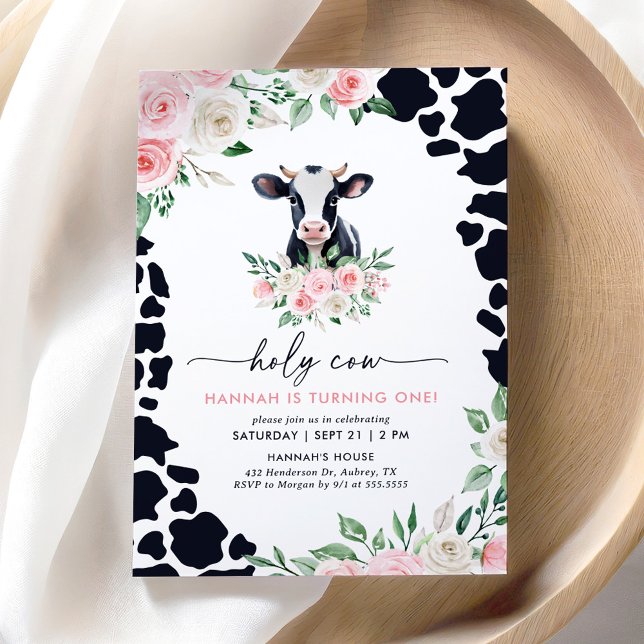 Invitation Saint Vache Je suis une fille rose florale Vache 1 (Créateur téléchargé)