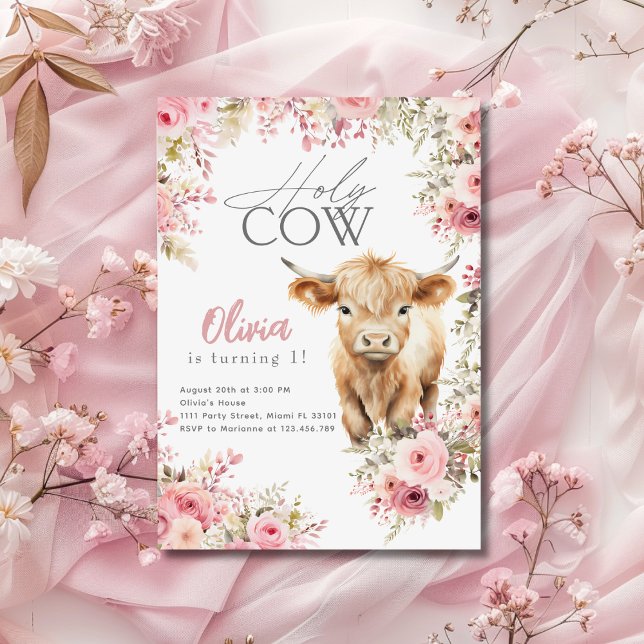 Invitation Saint Vache Je suis une vache Highland Rose Floral (Créateur téléchargé)