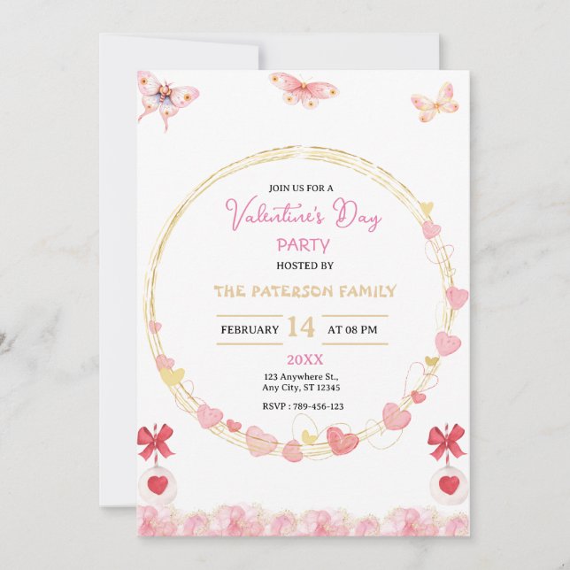 Invitation Saint Valentin avec Coeurs Rose et Or (Devant)