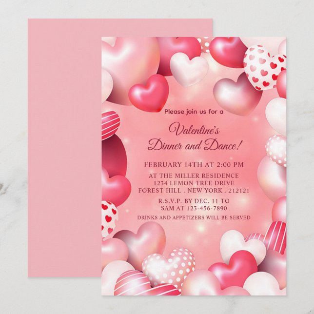 Invitation Saint-Valentin Ballon de coeur rose (Devant / Derrière)