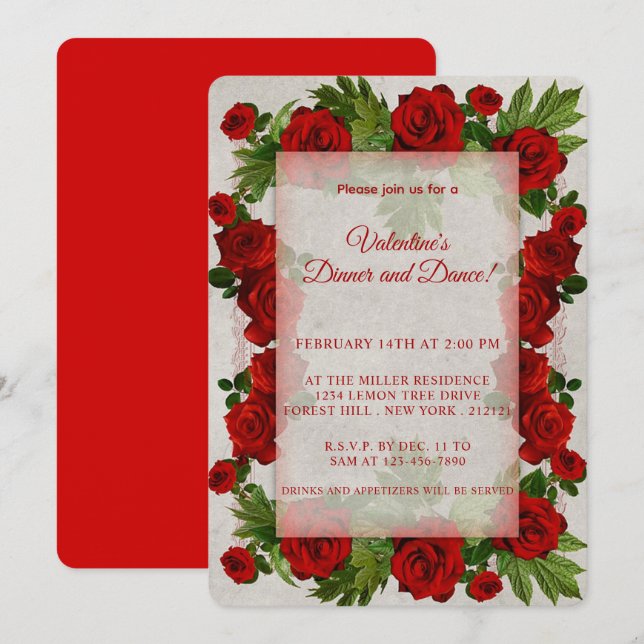 Invitation Saint Valentin Cadre Red Roses (Devant / Derrière)