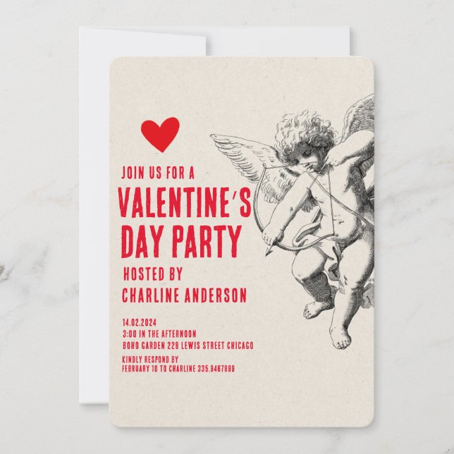 Invitation Saint Valentin Cupid Rouge tiré à la main (Devant)