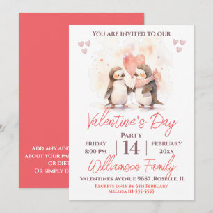 Invitation Saint Valentin de mignons pingouins et fête du coe