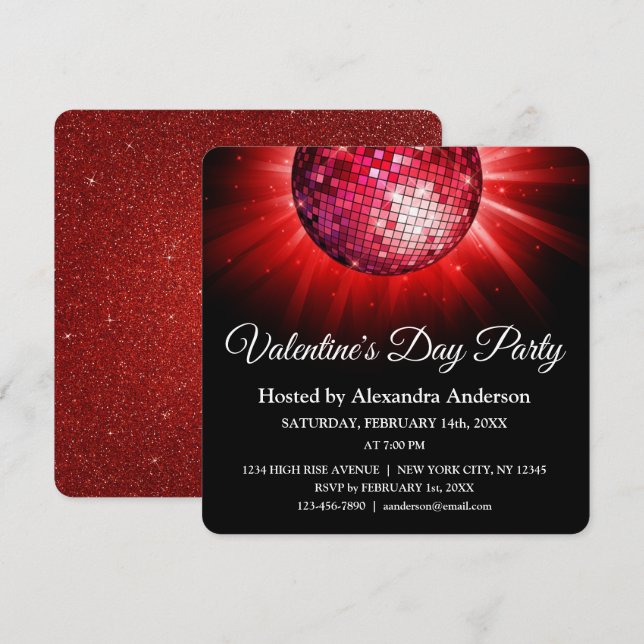 Invitation Saint Valentin Fête Rouge Disco Ball (Devant / Derrière)