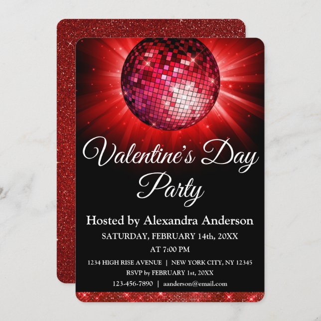 Invitation Saint Valentin Fête Rouge Disco Ball (Devant / Derrière)