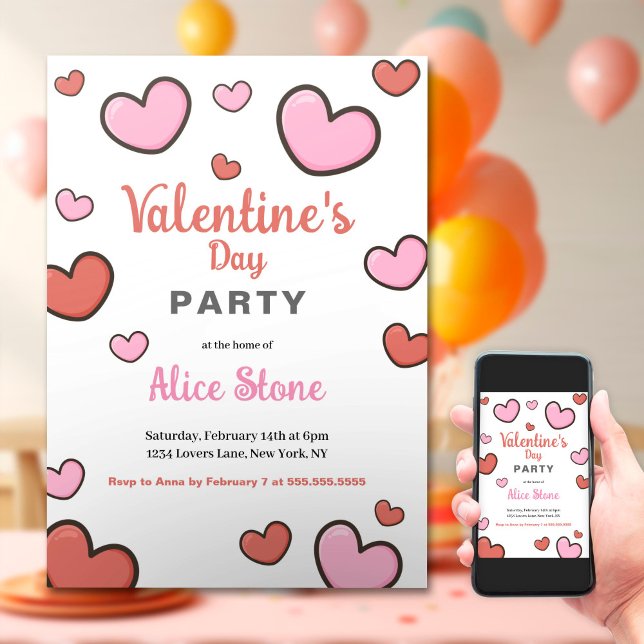 Invitation Saint Valentin Pink Red Hearts (Créateur téléchargé)
