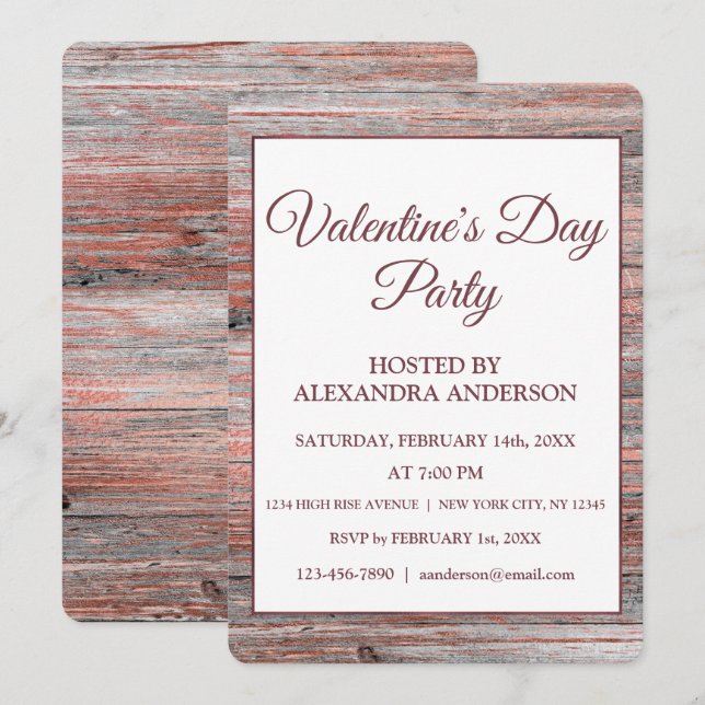 Invitation Saint Valentin Rose Gold Foil & Rustic Wood (Devant / Derrière)