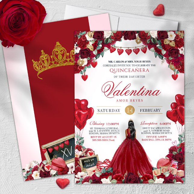 Invitation Saint-Valentin Roses rouges doux 15 Quinceañera (Créateur téléchargé)