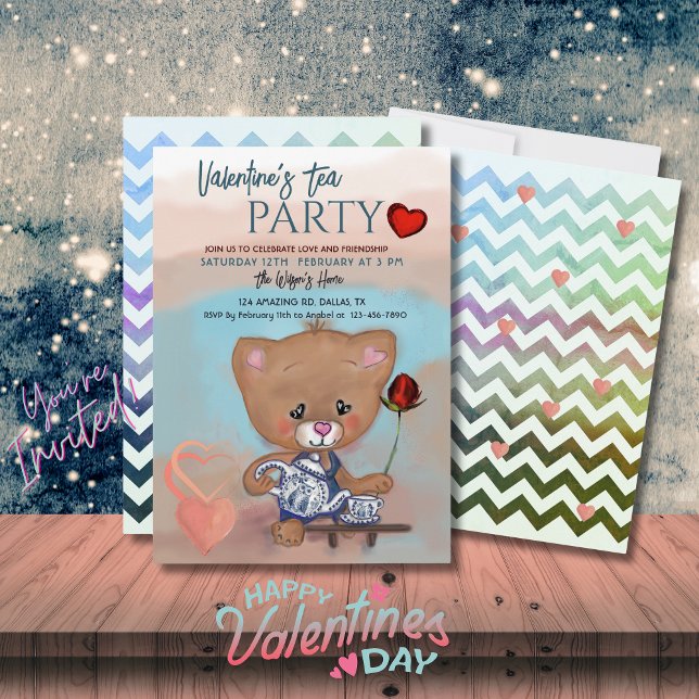 Invitation Saint Valentin Tea Party avec Teddy (Valentine's Day Tea Party with Teddy Invitation)