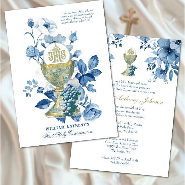 Invitation Sainte Communion Bleu Floral (Créateur téléchargé)