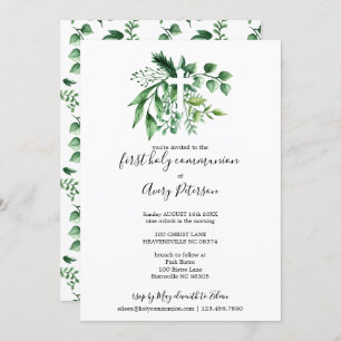 Invitation Sainte communion de croix botanique verte de