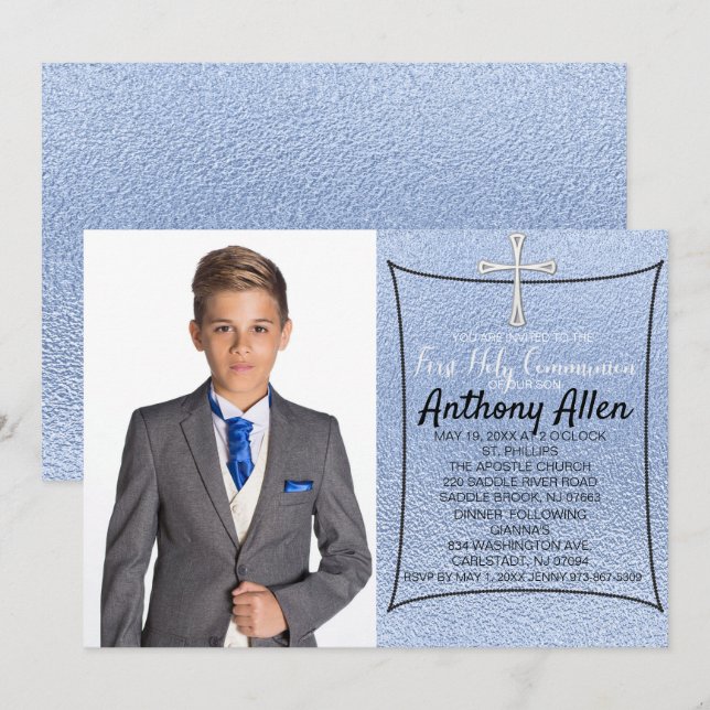 Invitation Sainte communion de photo d'aluminium de bleu (Devant / Derrière)