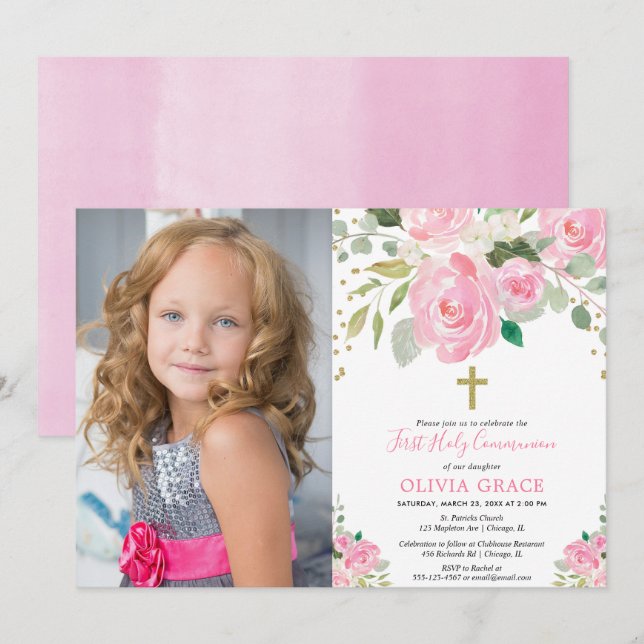 Invitation Sainte communion florale de fille la première (Devant / Derrière)