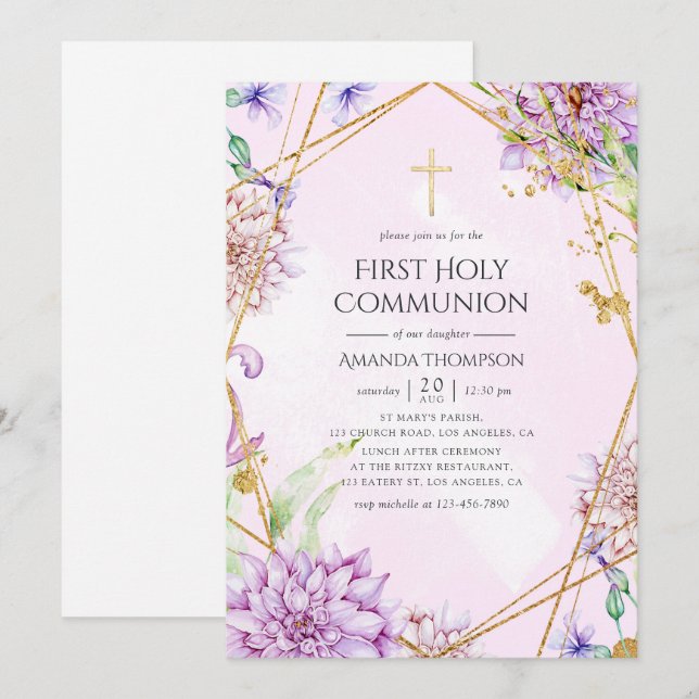 Invitation Sainte Communion géométrique florale violette et o (Devant / Derrière)