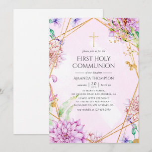 Invitation Sainte Communion géométrique florale violette et o