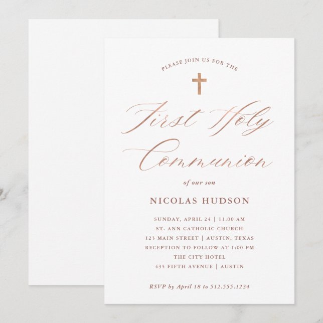 Invitation Sainte communion rose de la calligraphie | d'or de (Devant / Derrière)