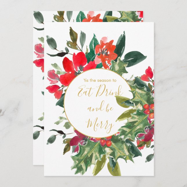 Invitation Saison de Noël Holly Wreath Gold (Devant / Derrière)