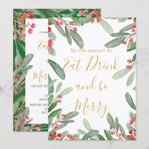 Invitation Saison Noël Green Holly Wreath Bright