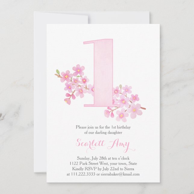 Invitation Sakura Cherry Blossom Fille 1er anniversaire (Devant)