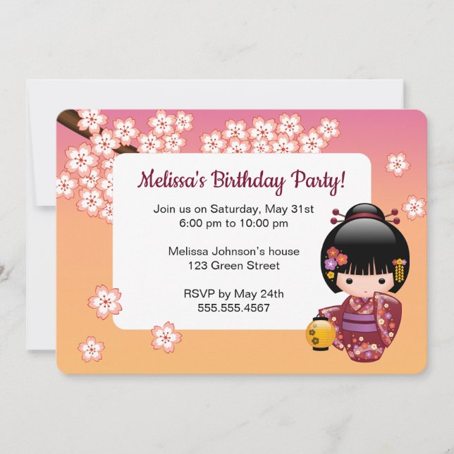 Invitation Sakura Kokeshi Doll Cute Geisha fête d'anniversair (Devant)
