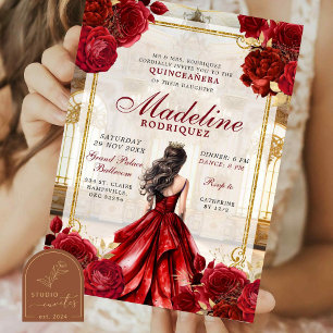 Invitation Salle de bal royale Bourgogne Quinceanera rouge