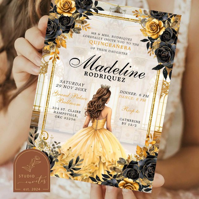 Invitation Salle de bal royale Quinceanera noir et or (Créateur téléchargé)