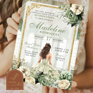 Invitation Salle de bal royale Sage Green Quinceañera
