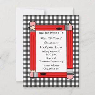 Invitation Salle de classe Open House : Pencils rouges, gris 