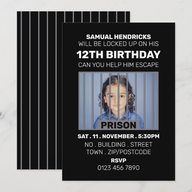 Invitation Salle d'évasion à thème de la prison, fête d'anniv (Devant / Derrière)